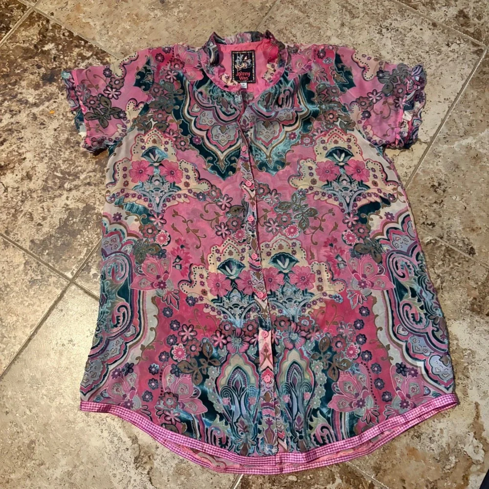 JOHNNY WAS Zoli Tape Hem Burnout Tunic silk-blend Button Down Size XS‎